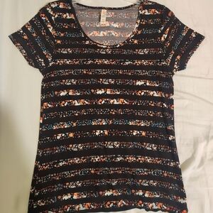 LuLaRoe Women's Short Sleeve Scoop Neck Striped Floral T-Shirt Multicolor